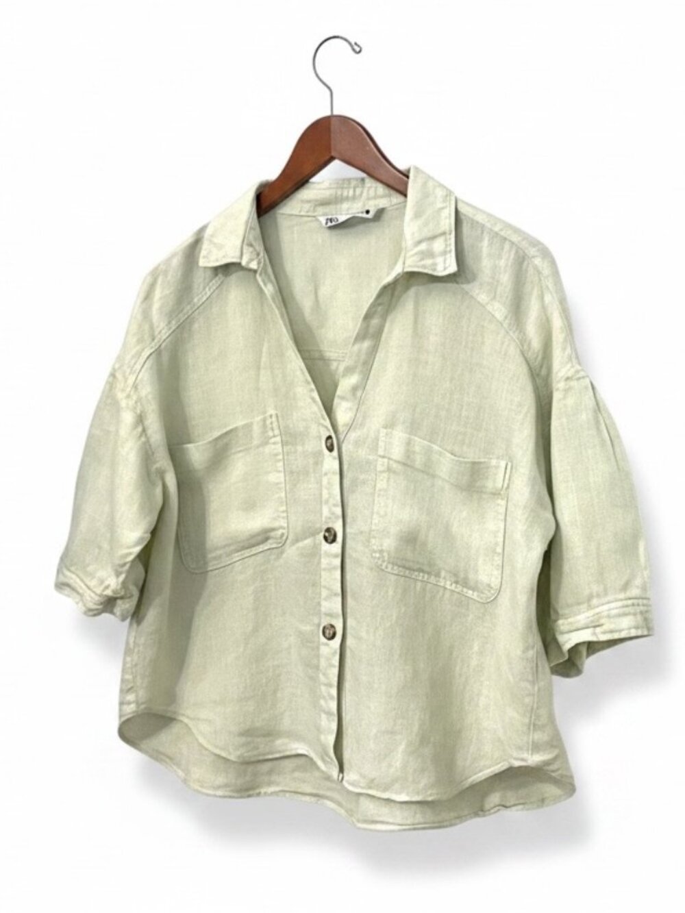 Zara Womens Linen Button Up Shirt Size L Green Cropped Short Sleeve Casual Top - Picture 2 of 7